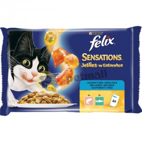 Паучове PURINA FELIX Sensations MIX за котки в зряла възраст - 4 бр. х 85гр, със сьомга, скариди, пъстърва и спанак